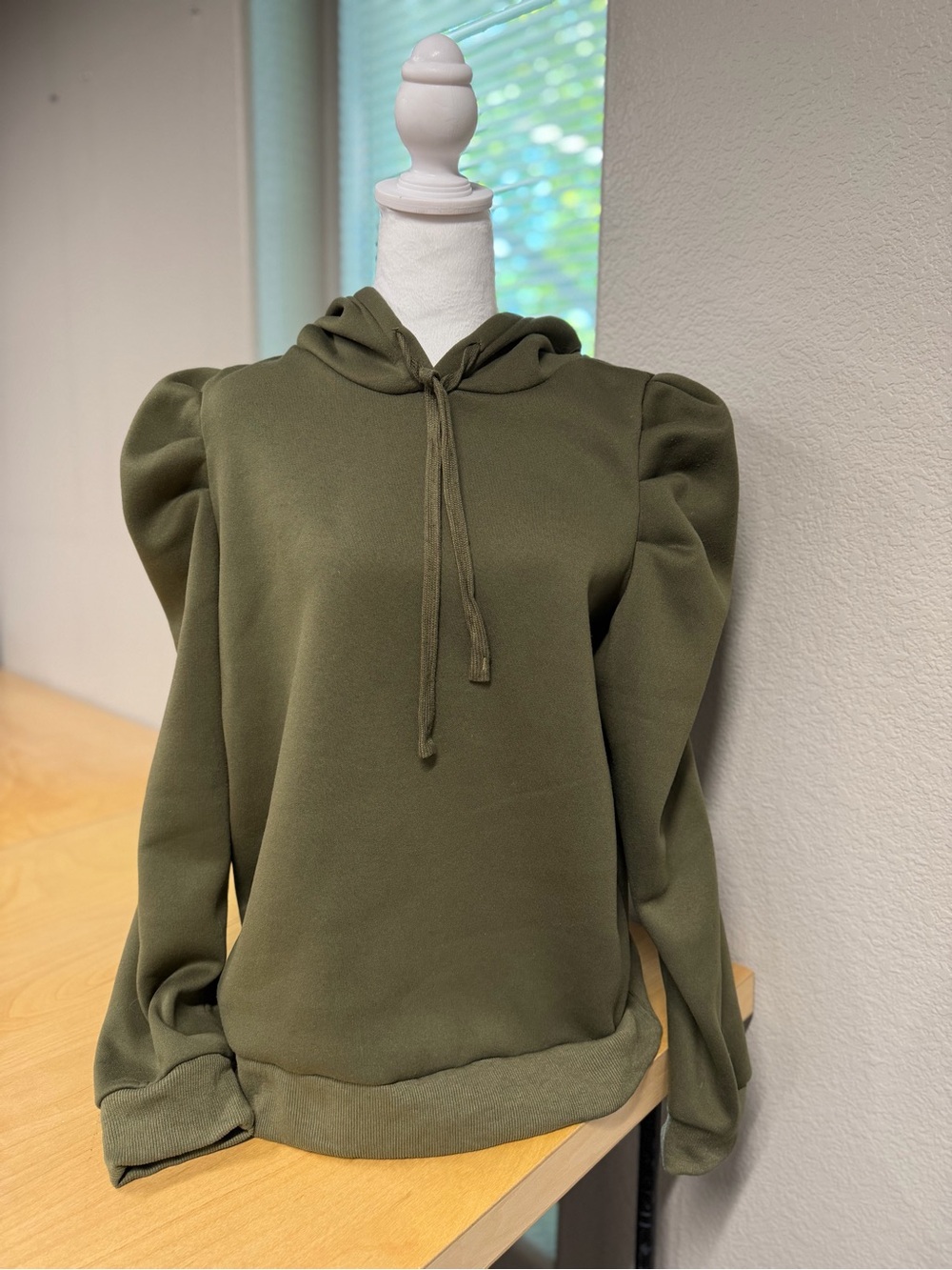 Puff-Sleeve Olive Hoodie with Drawstring Hood